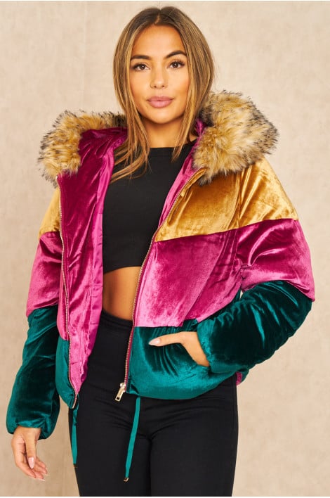 Doudoune tricolore en velours or