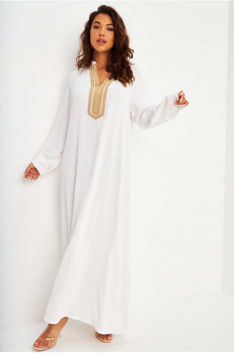ABAYA blanche décolleté V broderie dorée