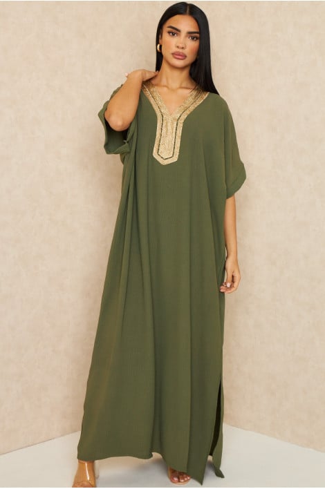 Abaya kaki à broderies dorées