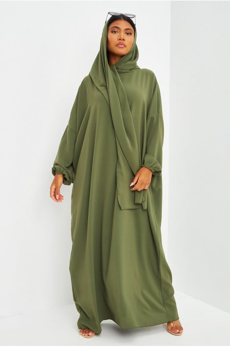 Abaya kaki ample avec voile intégré