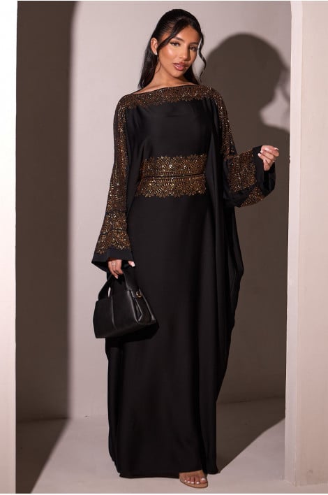 Abaya noire à empiècement doré + voile