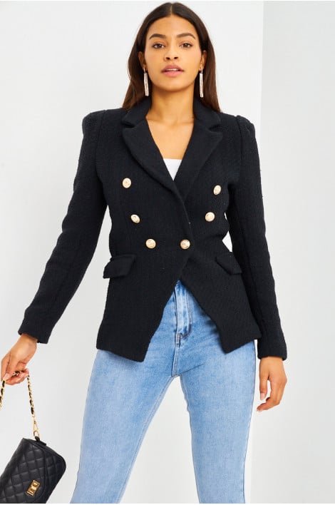 Blazer noir aspect tweed boutons perles