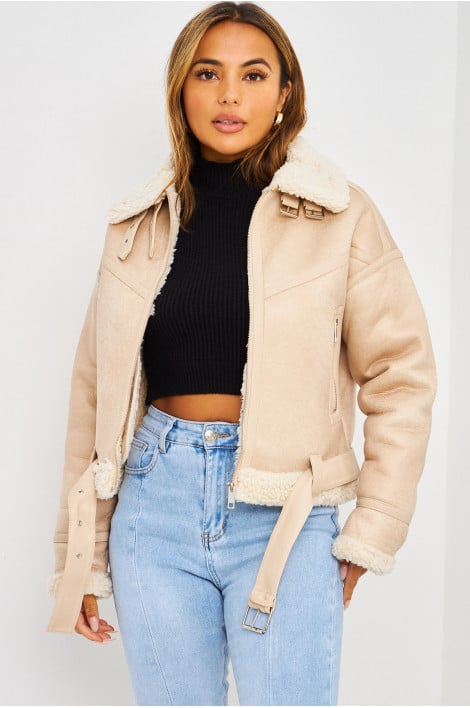 Bomber aviateur beige court peau de mouton