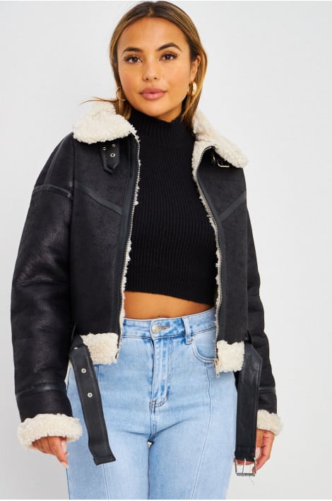 Bomber aviateur noir court peau de mouton beige