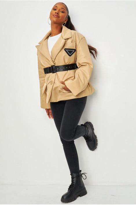Doudoune ceinturée effet blazer beige