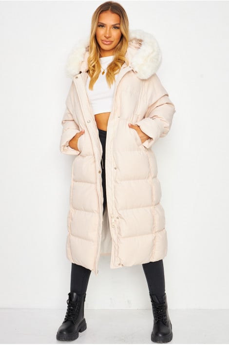 Doudoune longue beige à capuche