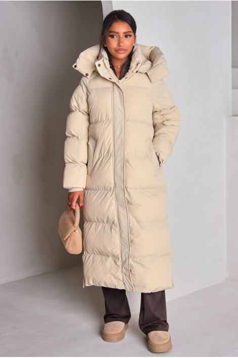 Doudoune longue matelassée beige à capuche