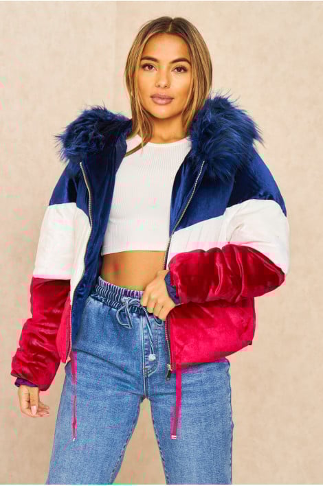 Doudoune tricolore en velours bleu