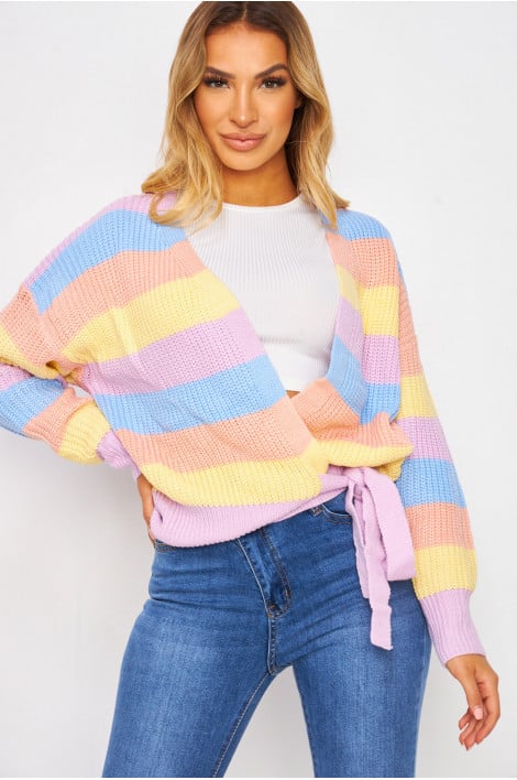 Gilet cache-coeur en maille rose/violet/bleu