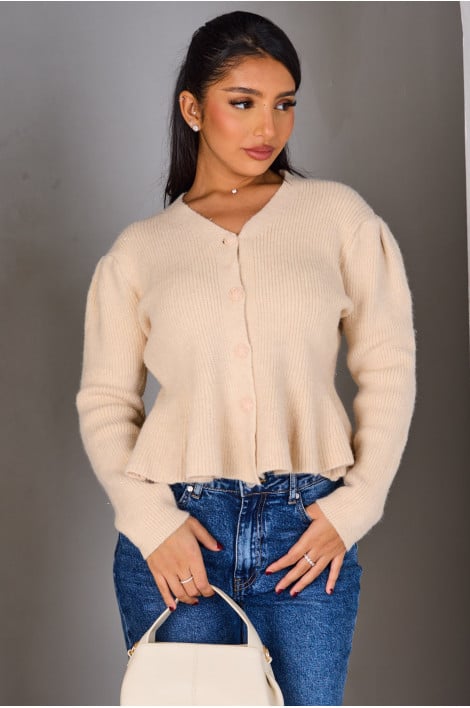 Gilet court beige à paillettes et boutons fleurs