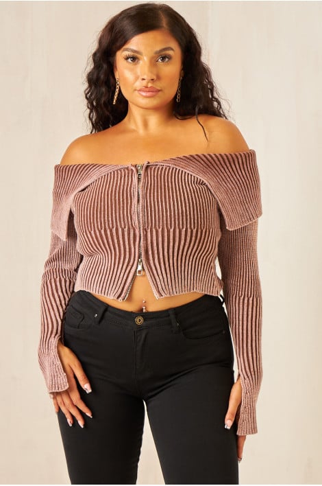 Pull court zippé marron