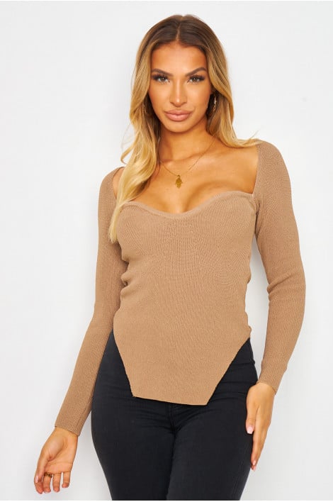 Haut manches longues beige foncé décolleté coeur asymétrique