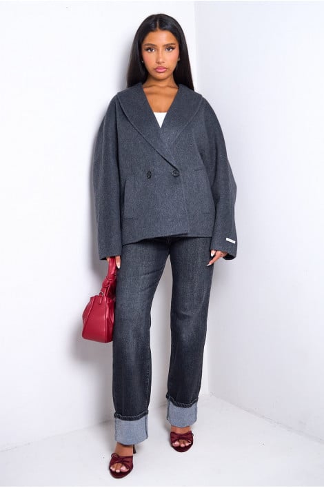 Manteau court en laine grise fait main