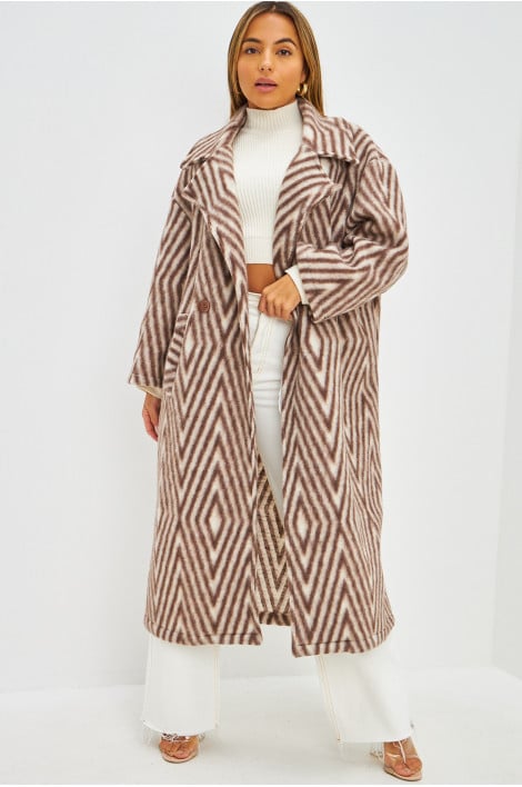 Manteau en laine marron et blanc motif losanges