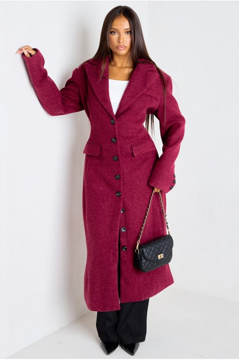 Manteau long bordeaux coupe droite aspect feutre