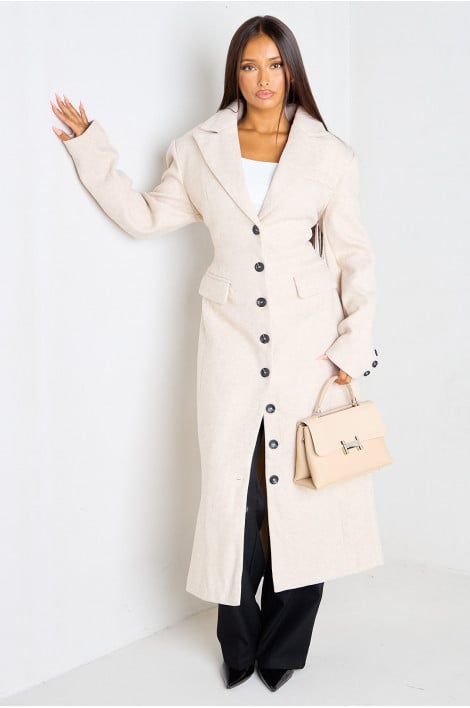 Manteau long ivoire coupe droite aspect feutre