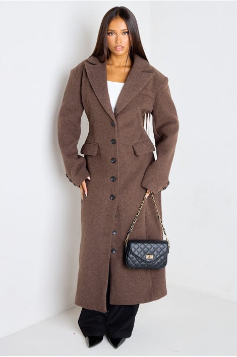 Manteau long marron coupe droite aspect feutre