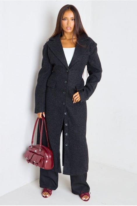 Manteau long noir coupe droite aspect feutre