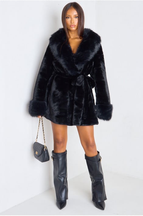 Manteau mi-long noir à fausse fourrure