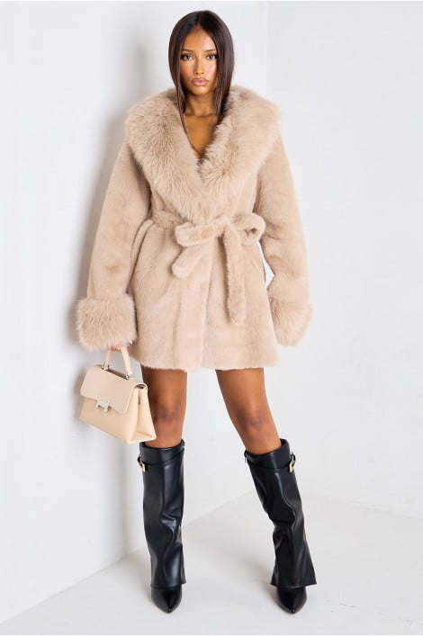 Manteau mi-long taupe à fausse fourrure