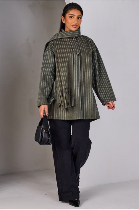 Poncho kaki avec écharpe intégrée à rayures