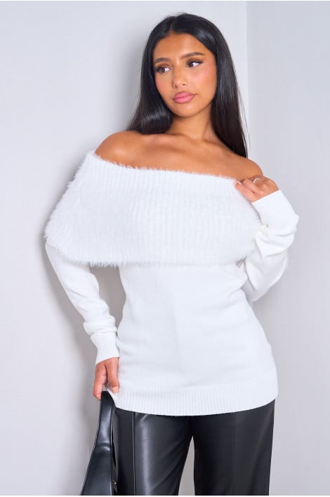 Pull blanc bi-matière à col bardot