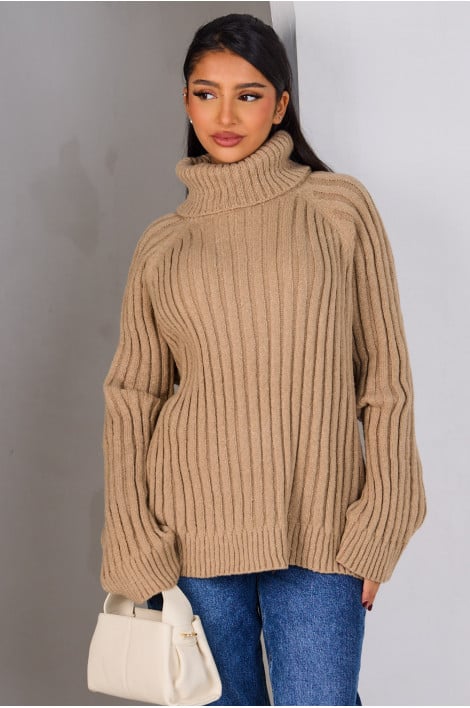 Pull col roulé camel côtelé