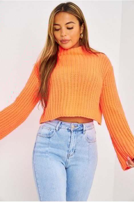 Pull court en grosses mailles orange fluo