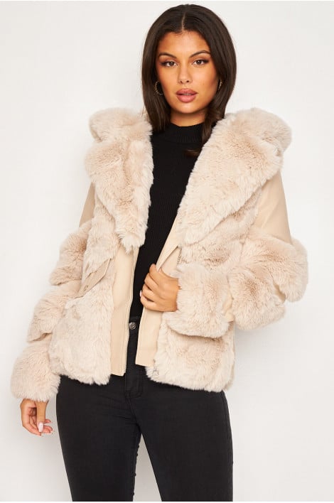 Veste beige simili cuir et fausse fourrure