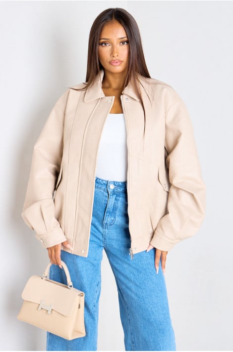Veste courte en simili-cuir beige