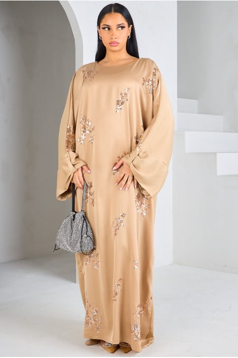 Abaya beige à strass en formes de fleurs