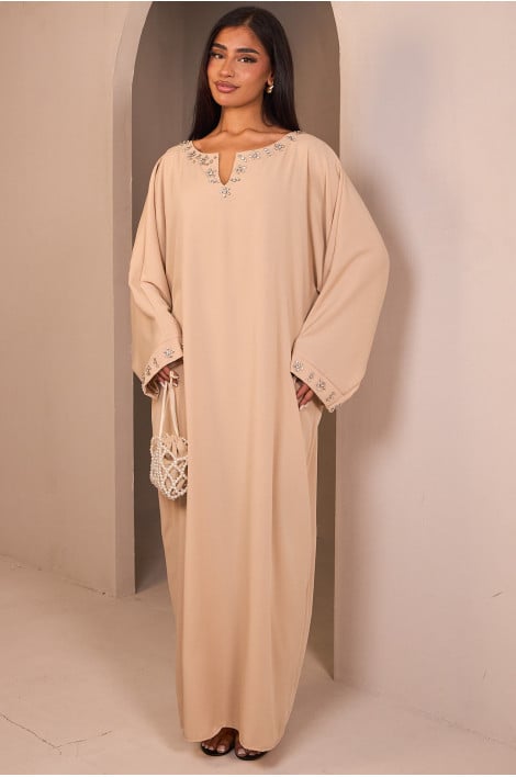 Abaya beige à strass sur le col