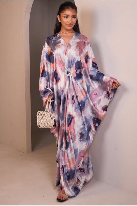 Abaya violet/bleu satinée avec motif marbré et strass