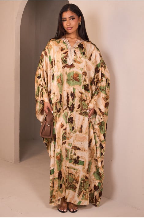Abaya beige/verte satinée avec motif marbré et strass
