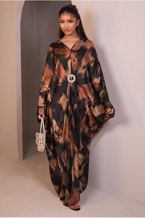 Abaya noir/beige satinée avec motif marbré et strass