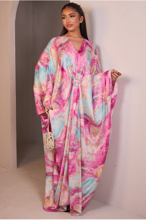 Abaya rose/turquoise satinée avec motif marbré et strass