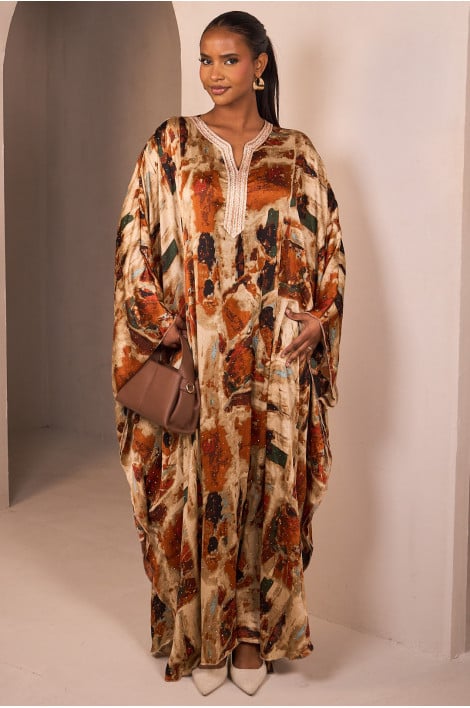 Abaya beige/orange satinée avec motif marbré et strass