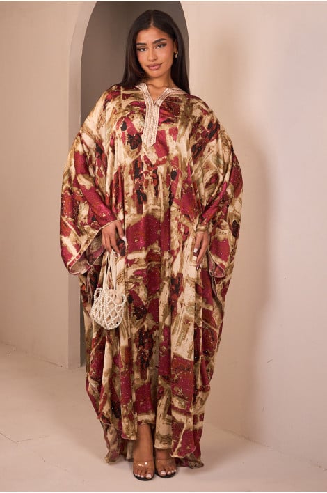 Abaya beige/rose satinée avec motif marbré et strass