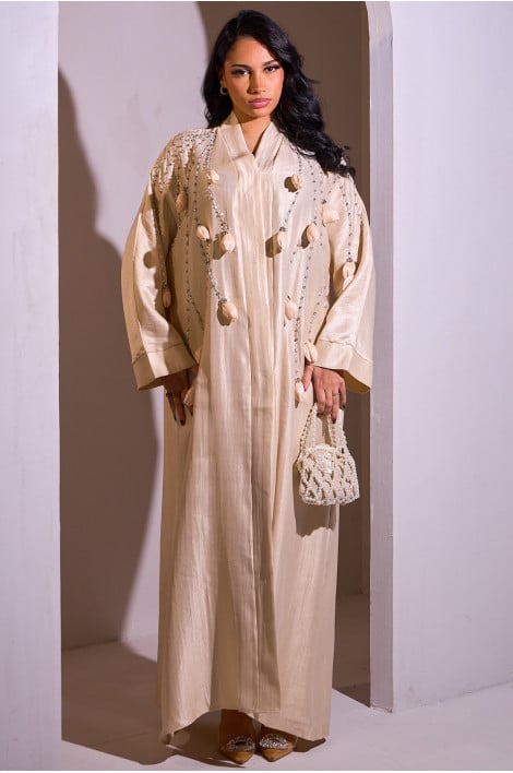 Abaya beige style kimono à fleurs en relief