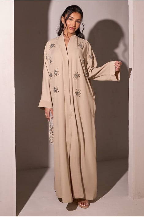 Abaya beige style kimono à perles en fleurs