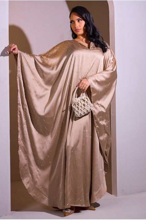 Abaya beige style kimono satiné à strass dorés et argentés en feuilles
