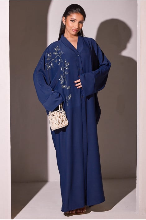 Abaya bleu foncé à strass et perles en forme de feuilles