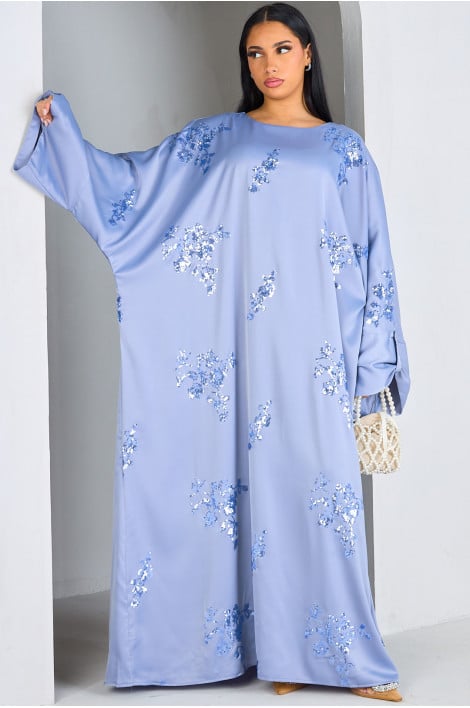 Abaya bleue à strass en formes de fleurs