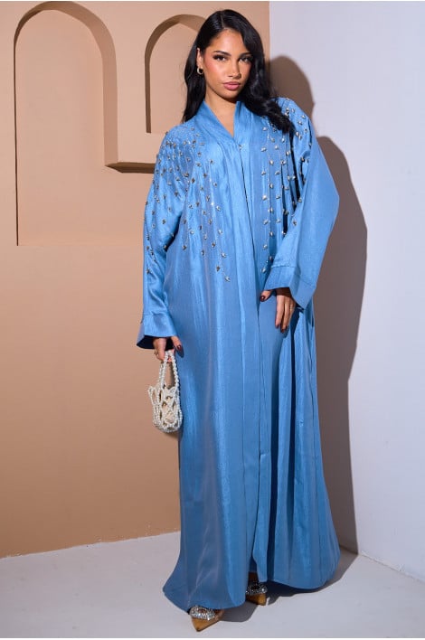 Abaya bleue style kimono satiné à strass dorés et argentés en feuilles