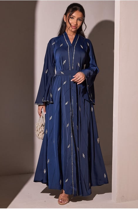 Abaya ceinturée et satinée a strass en losange bleu foncé + voile