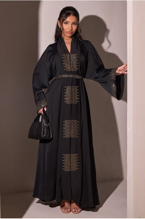 Abaya ceinturée noire à strass + voile