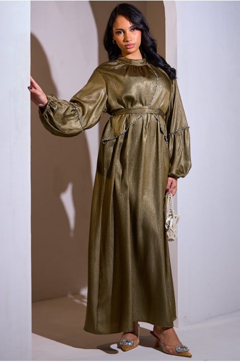 Abaya kaki à paillettes et strass sur la poitrine