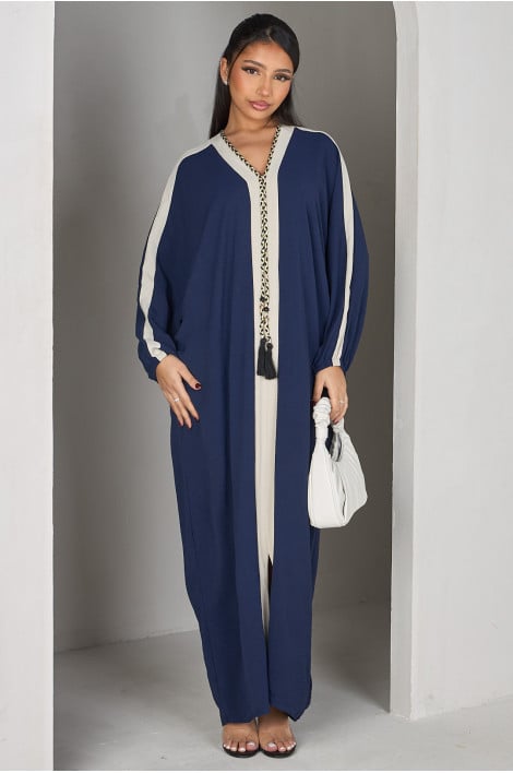 Abaya longue bleu foncé à bandes blanche