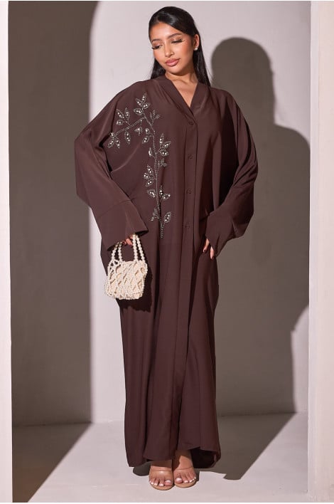 Abaya marron à strass et perles en forme de feuilles