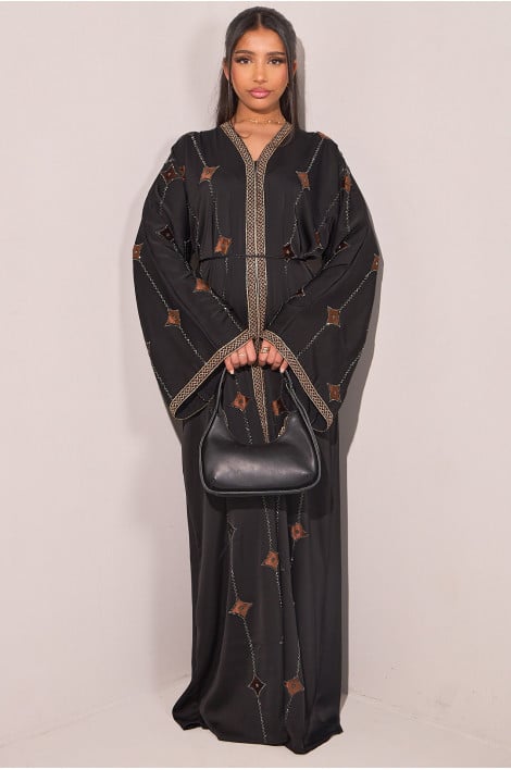 Abaya noire à empiècement losange et strass + voile